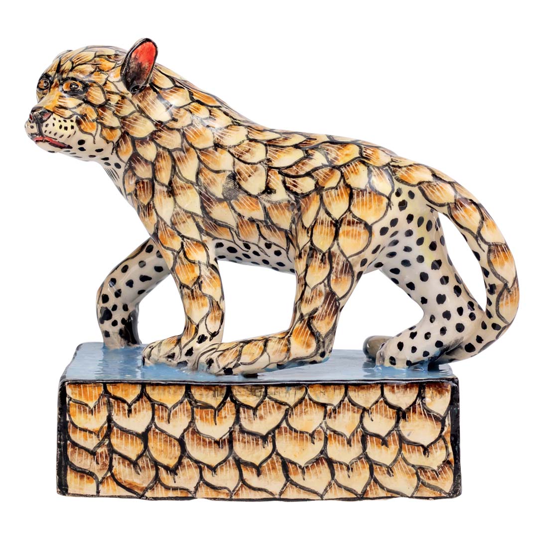 Skin designed leopard standing alone sculpture