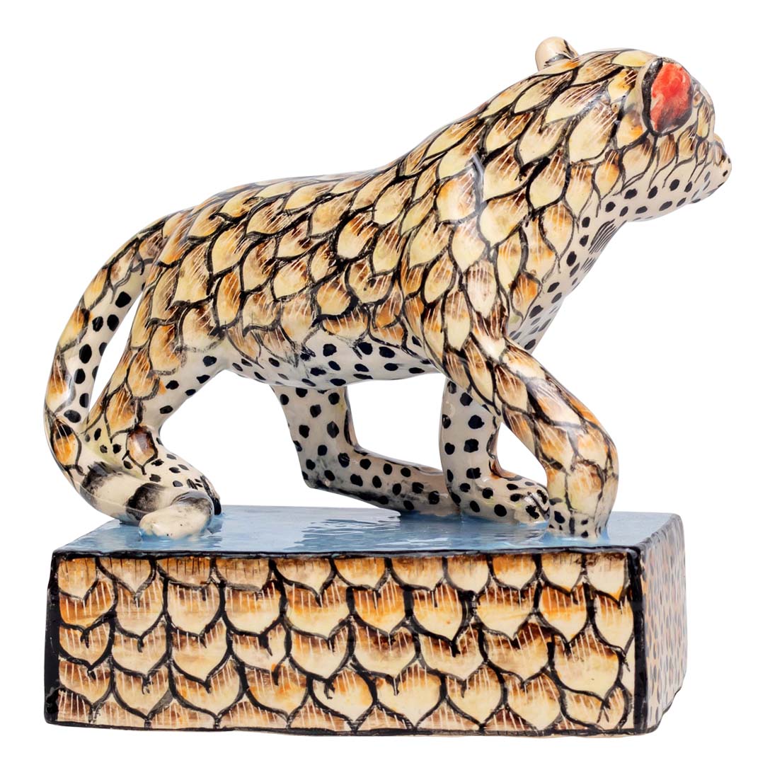 Skin designed leopard standing alone sculpture