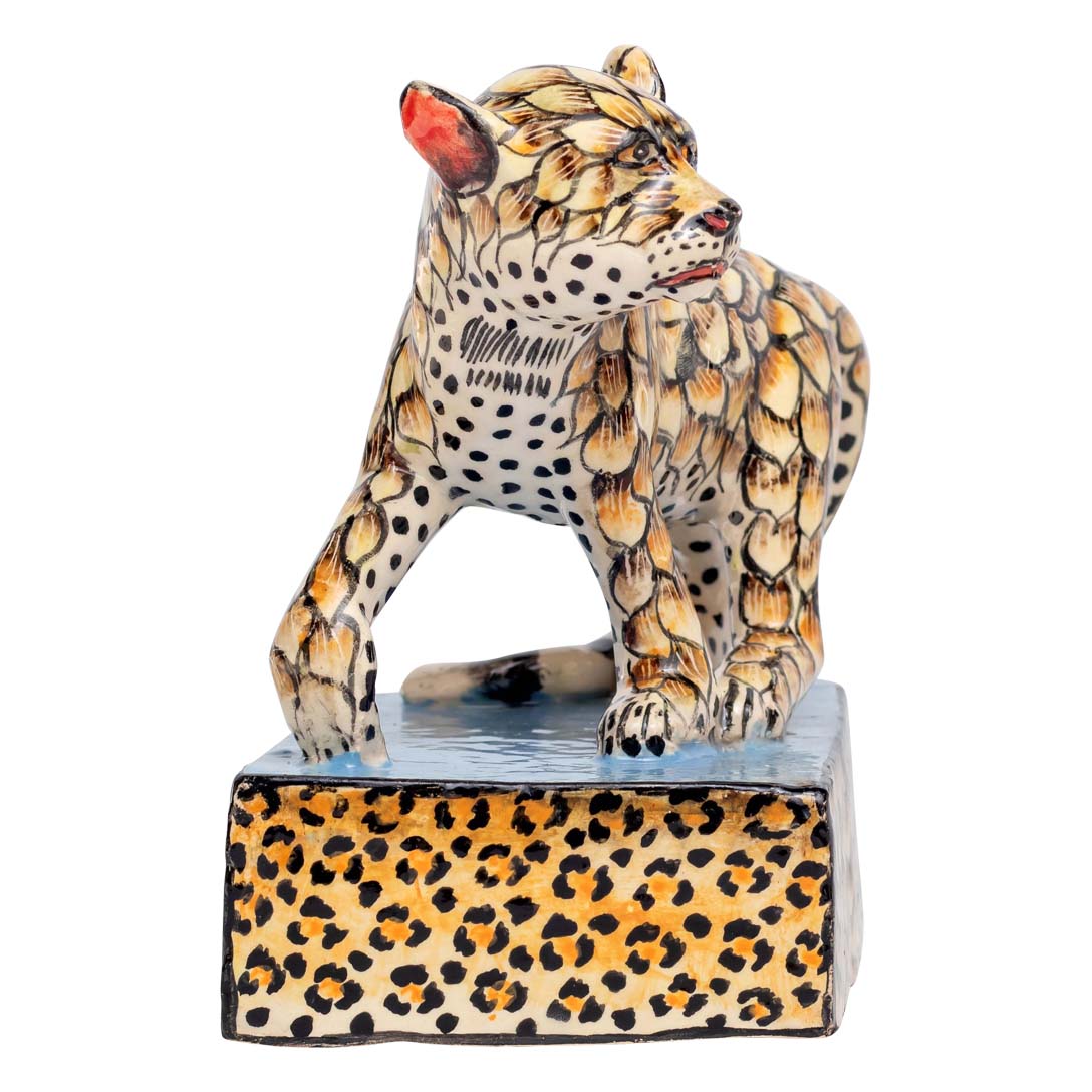 Skin designed leopard standing alone sculpture