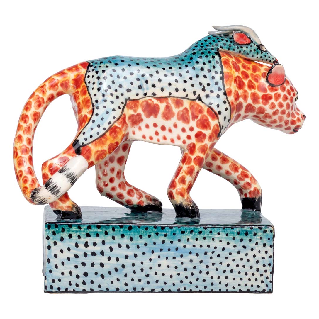 Leopard with giraffe skin standing sculpture