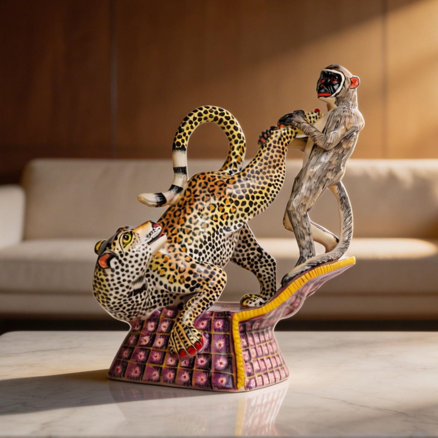 Leopard, monkey sculpture