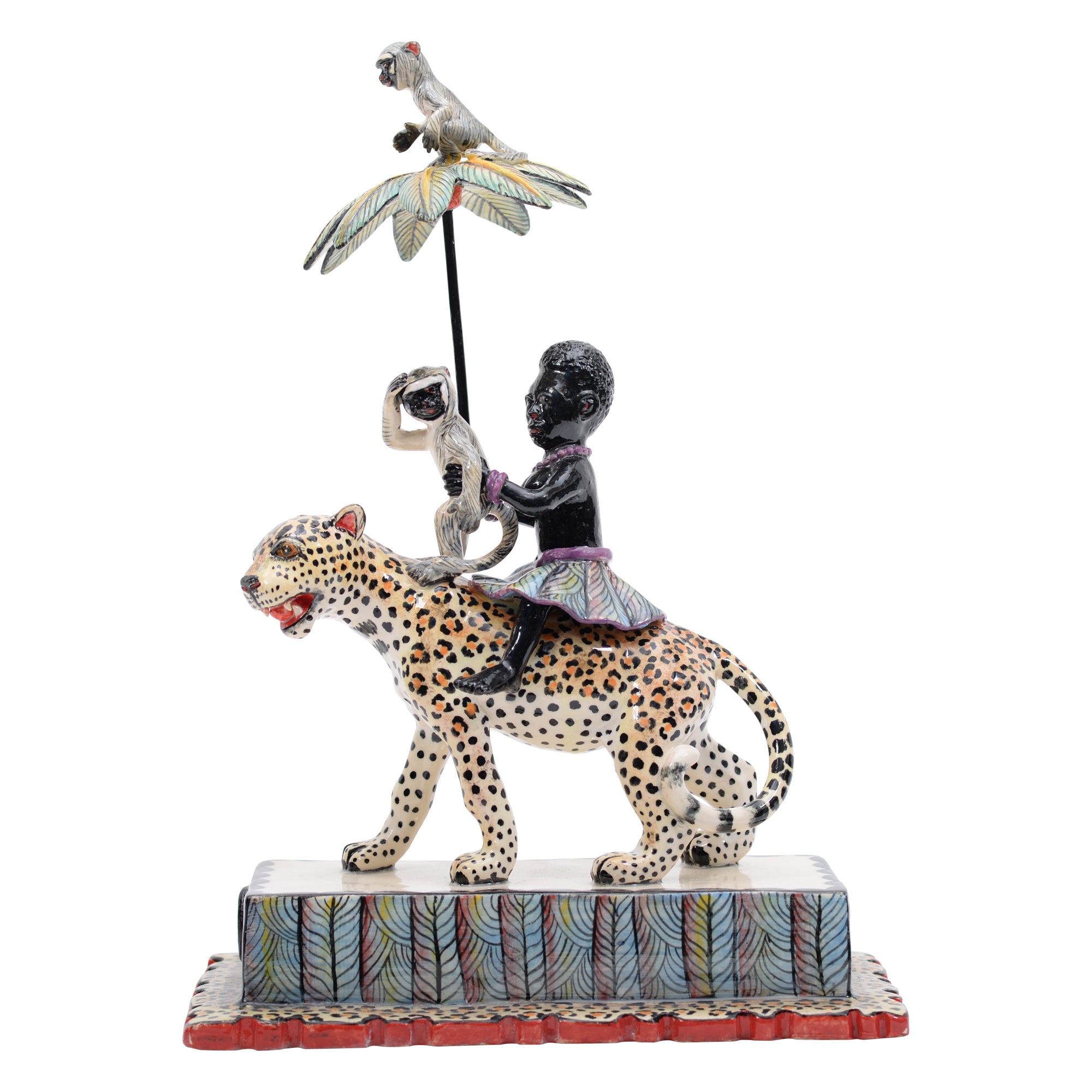 Woman & monkey on leopard rider sculpture