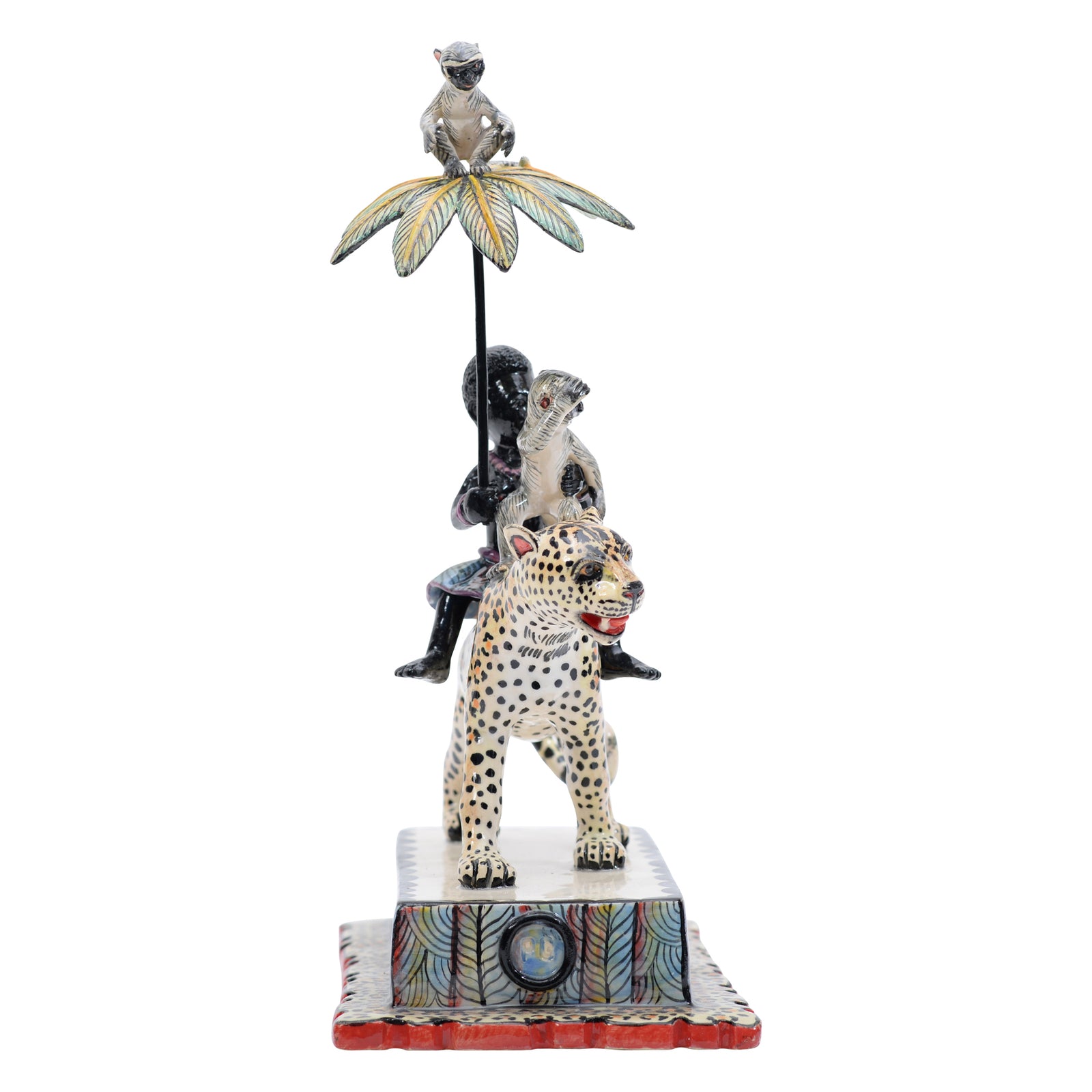 Woman & monkey on leopard rider sculpture