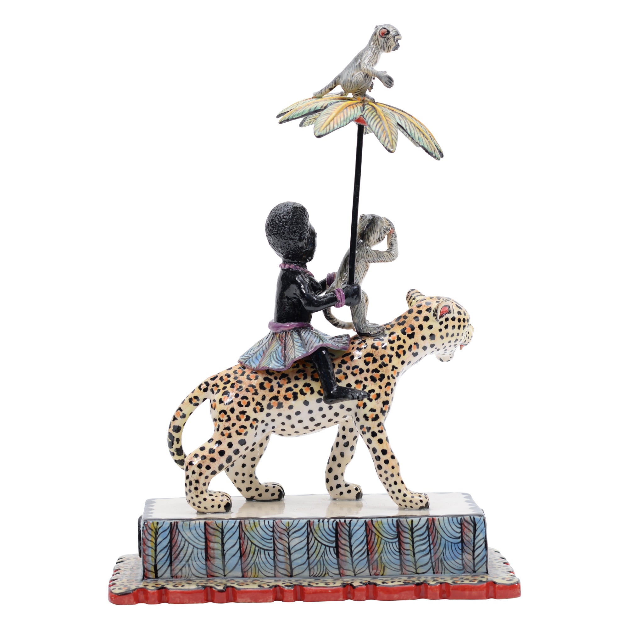 Woman & monkey on leopard rider sculpture