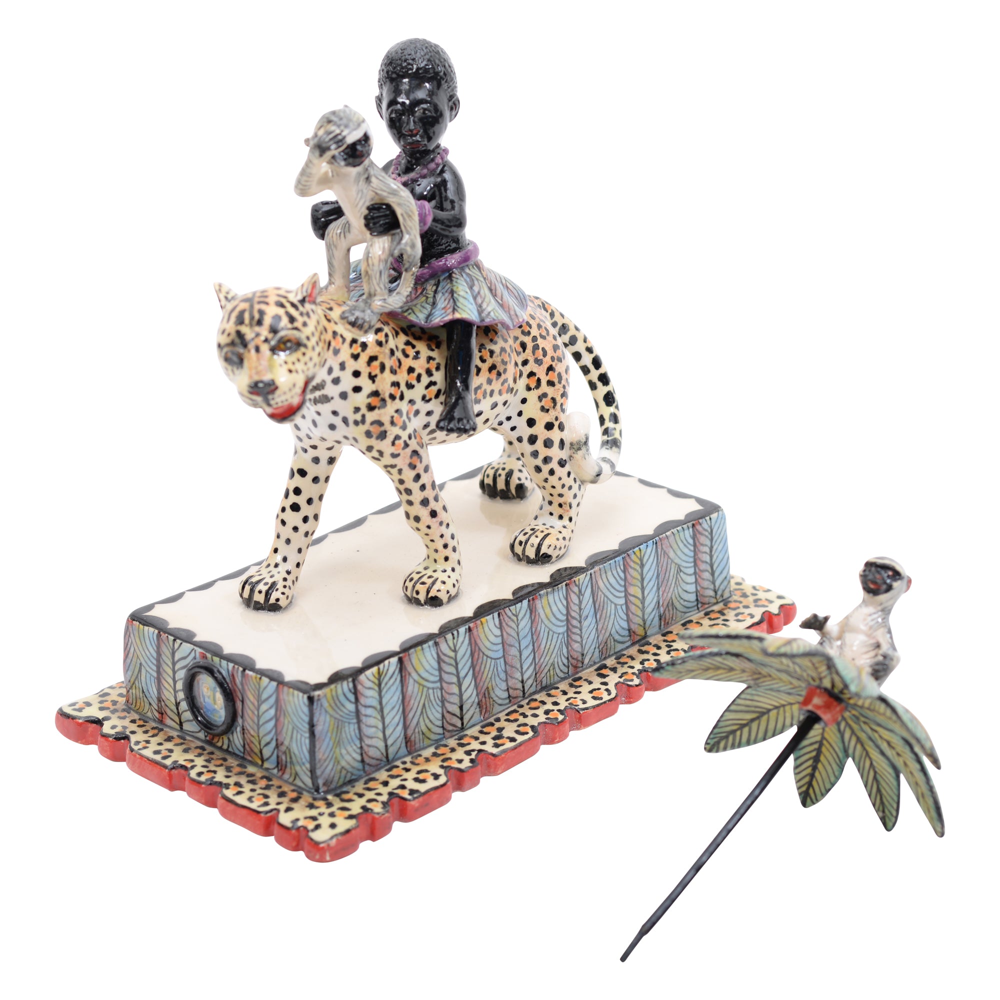 Woman & monkey on leopard rider sculpture