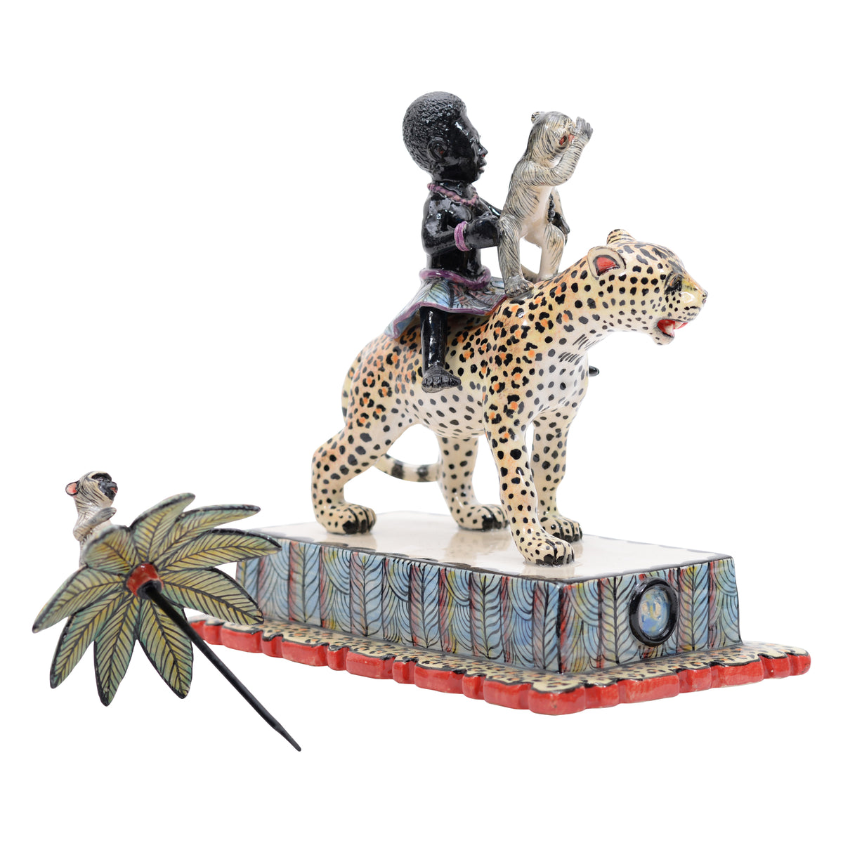 Woman & monkey on leopard rider sculpture