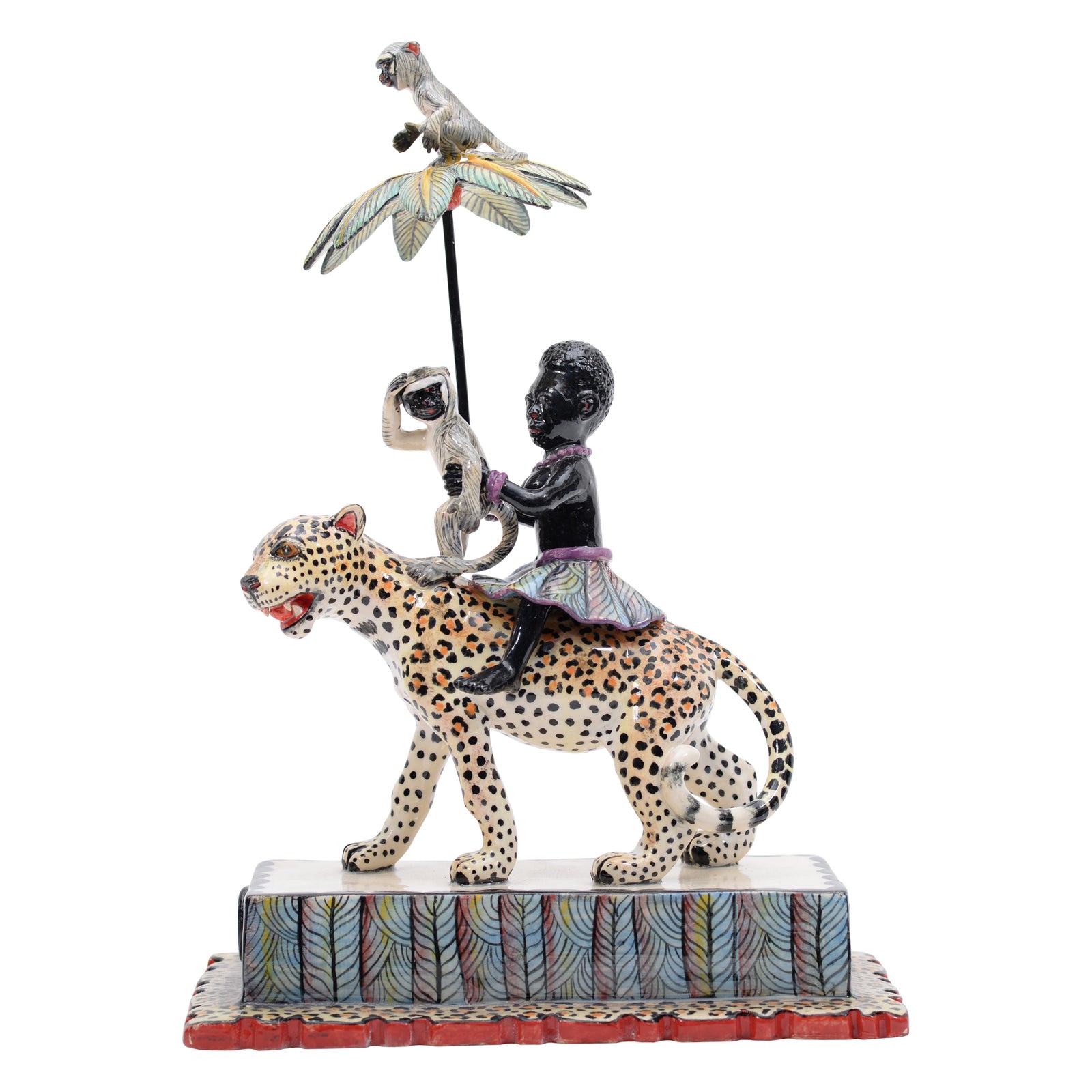 Woman & monkey on leopard rider sculpture
