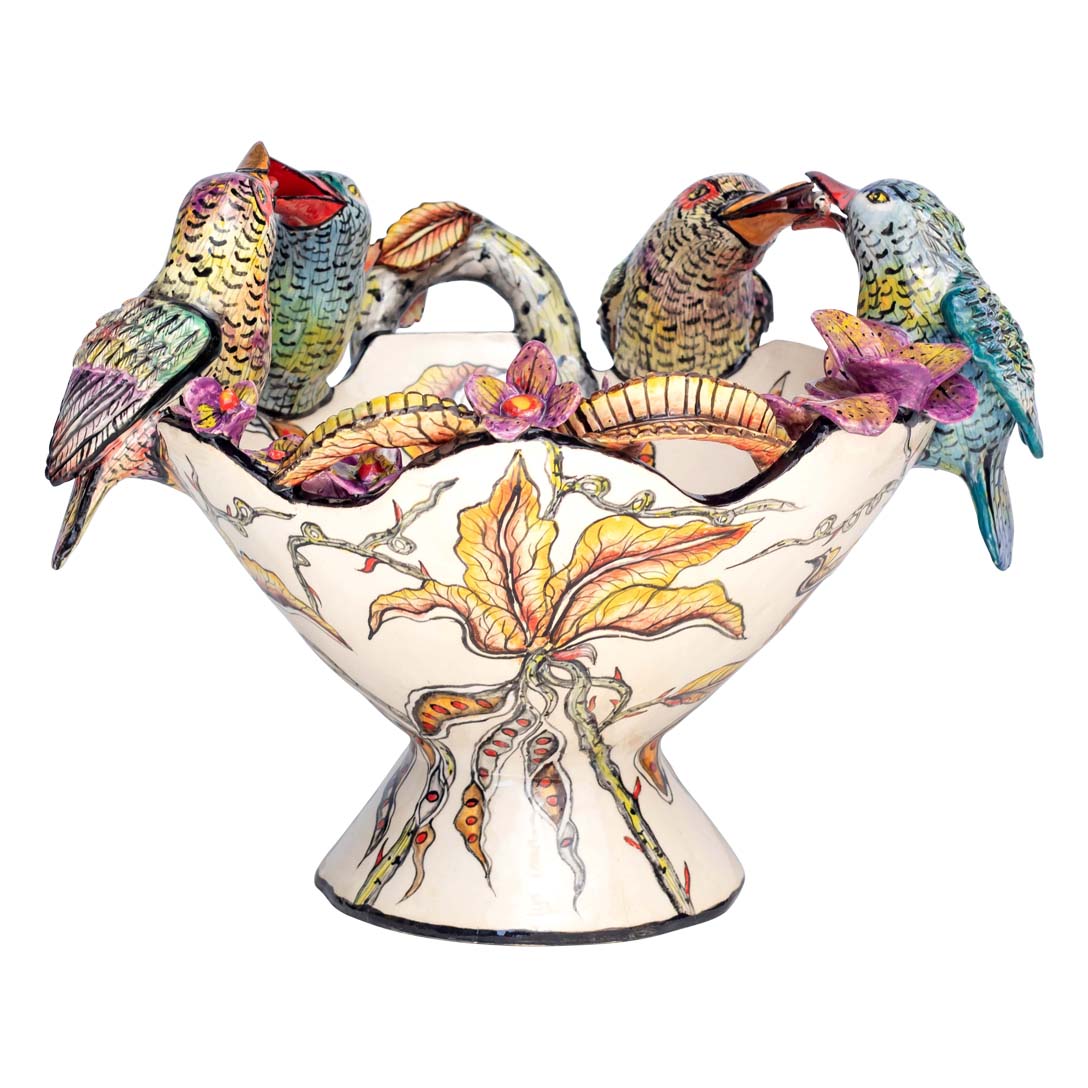 4 birds & flowers designed bowl sculpture