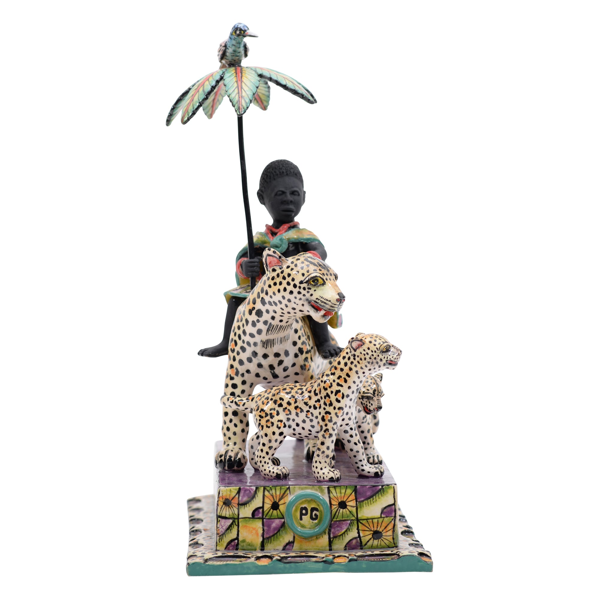 African woman on leopard rider sculpture