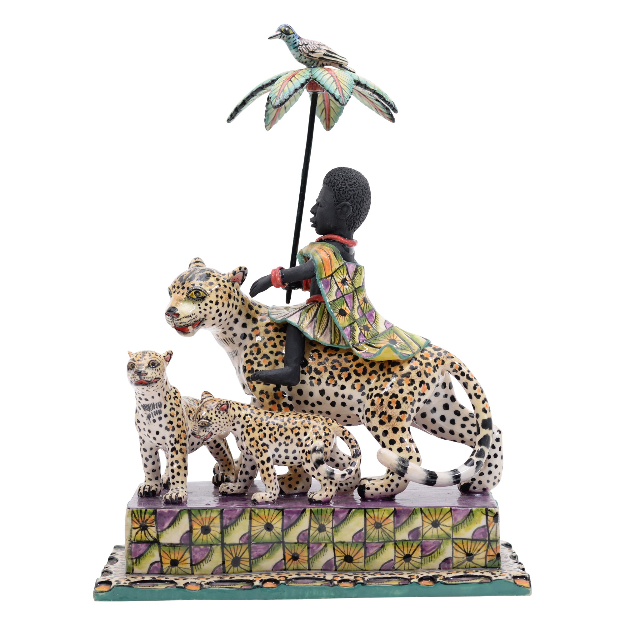 African woman on leopard rider sculpture