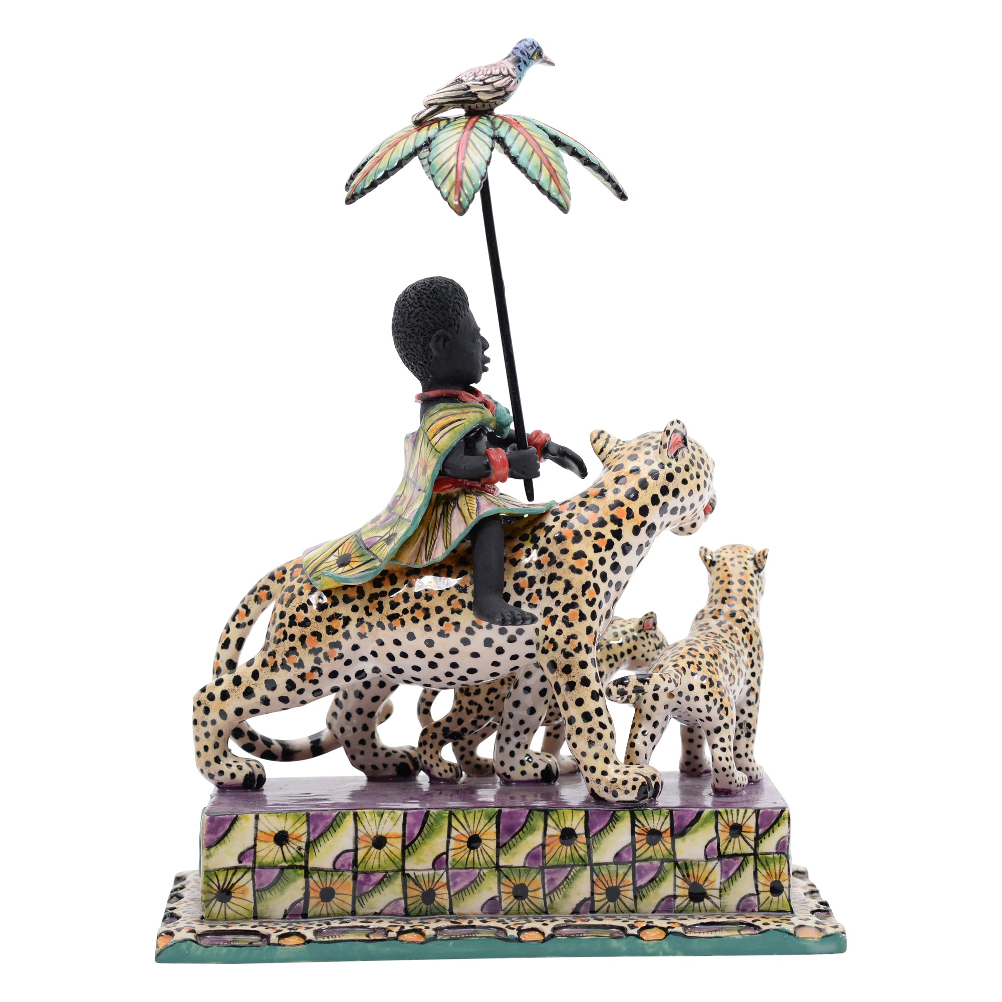 African woman on leopard rider sculpture