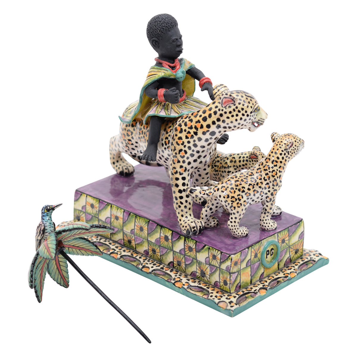 African woman on leopard rider sculpture