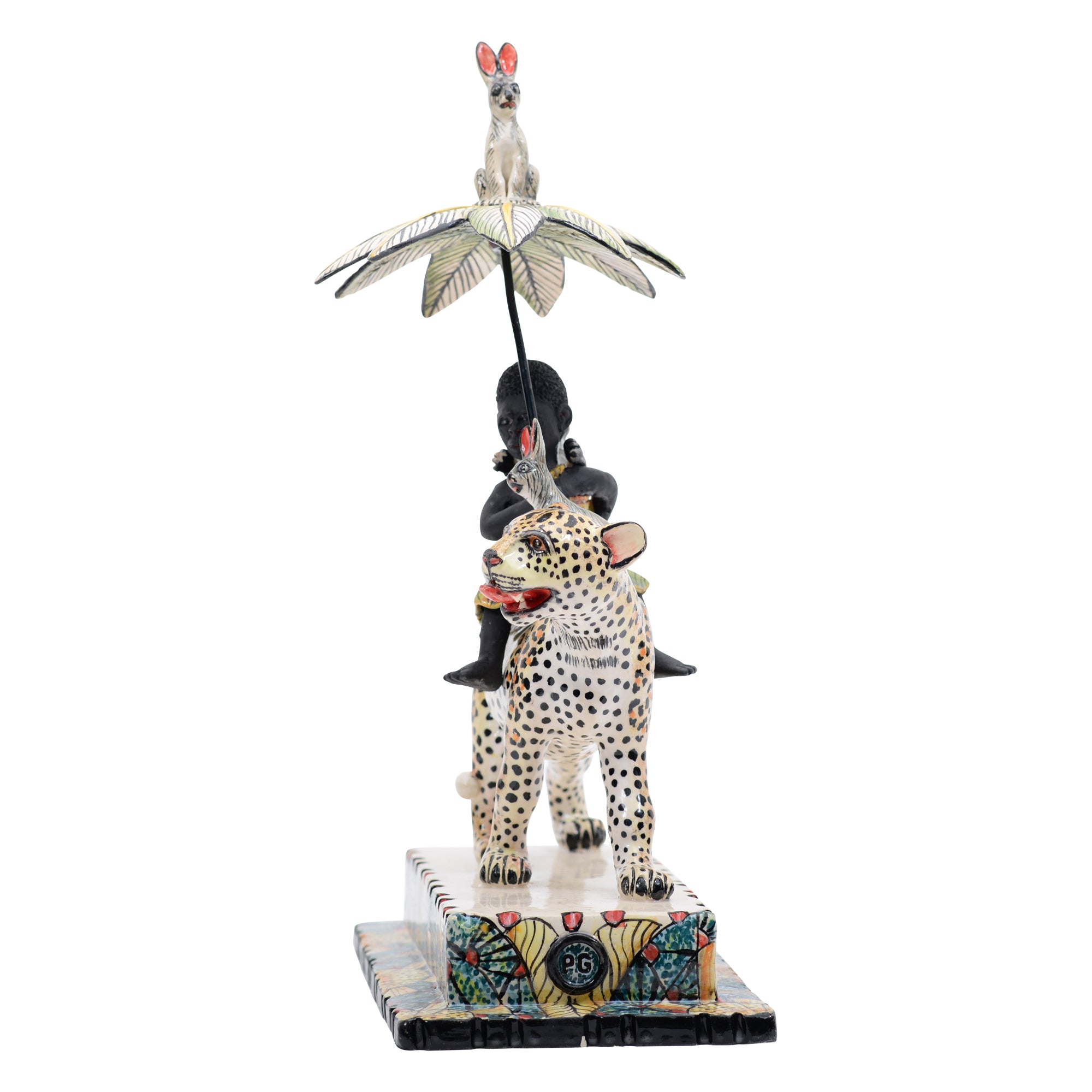 African woman & rabbits on leopard rider sculpture