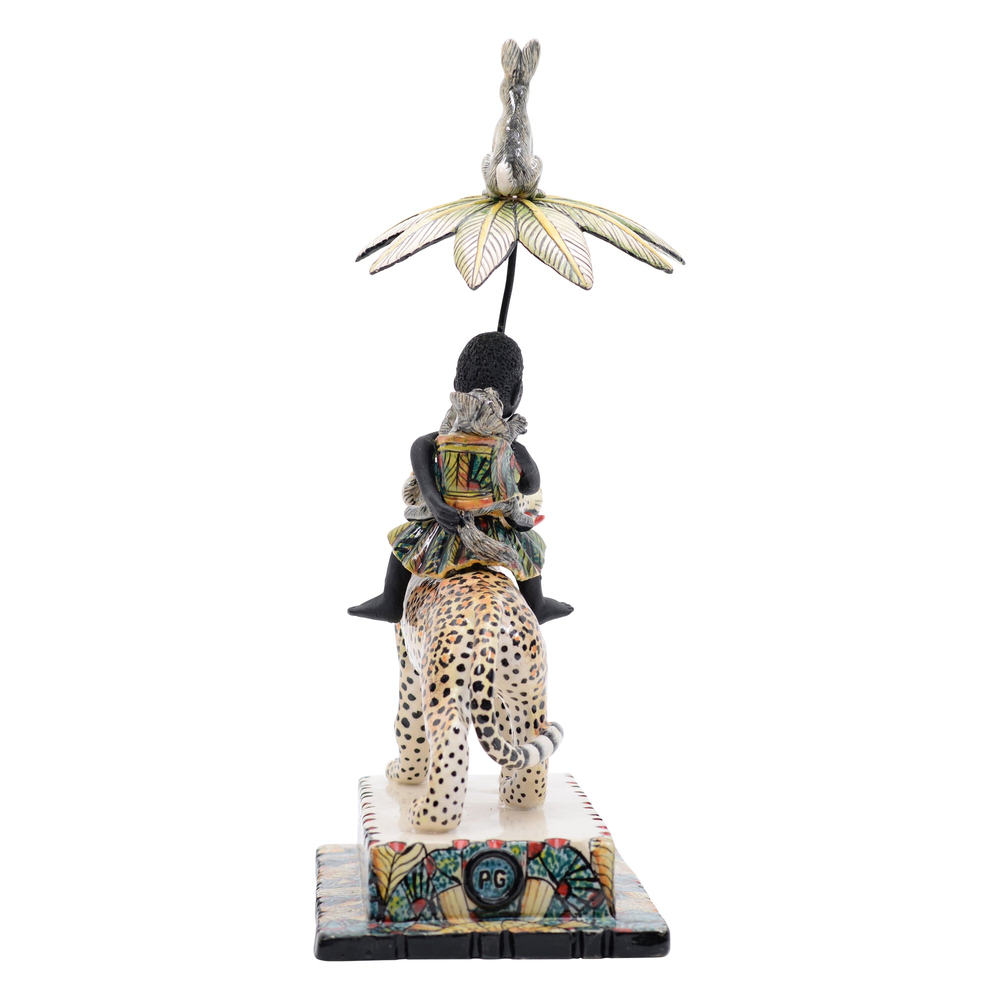 African woman & rabbits on leopard rider sculpture