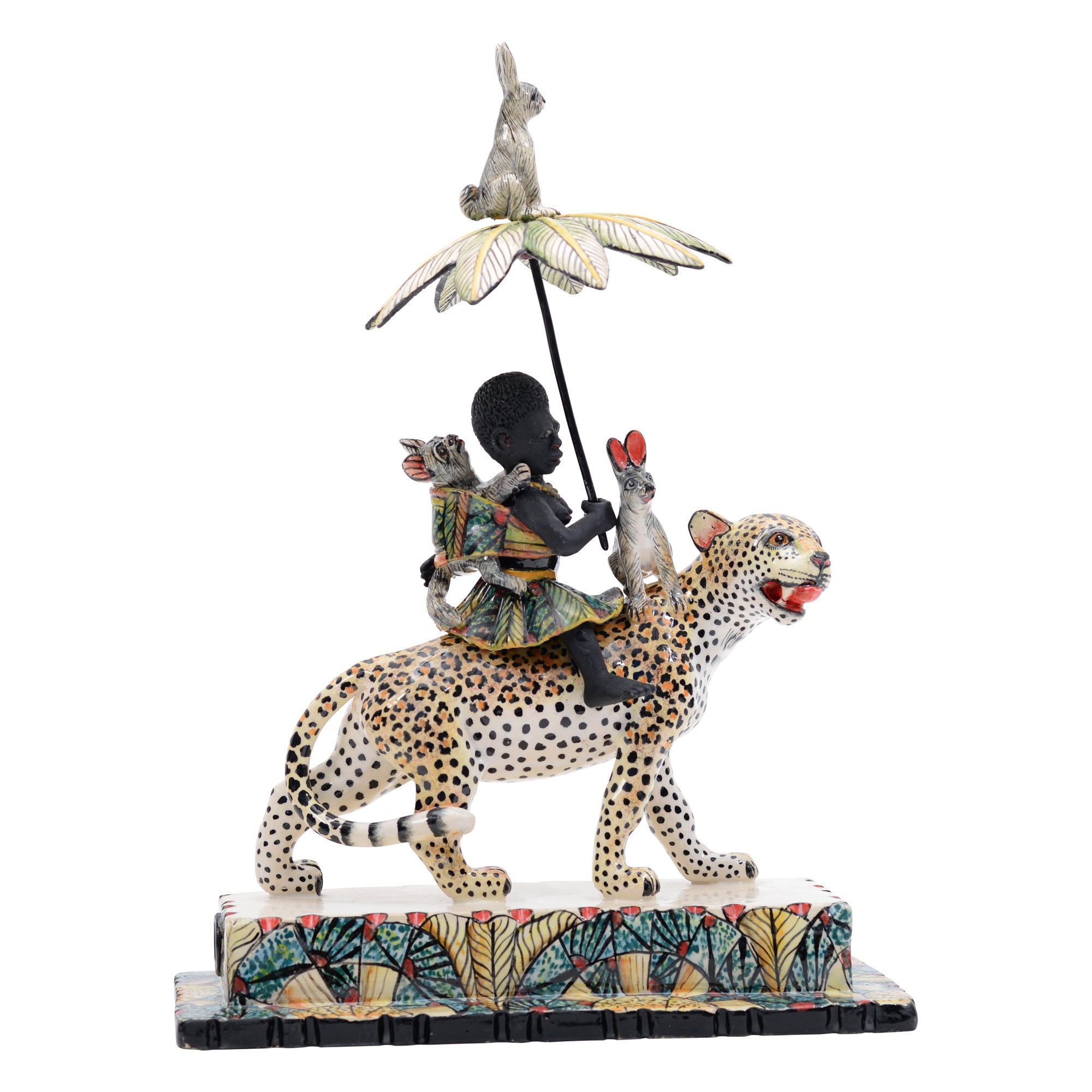 African woman & rabbits on leopard rider sculpture
