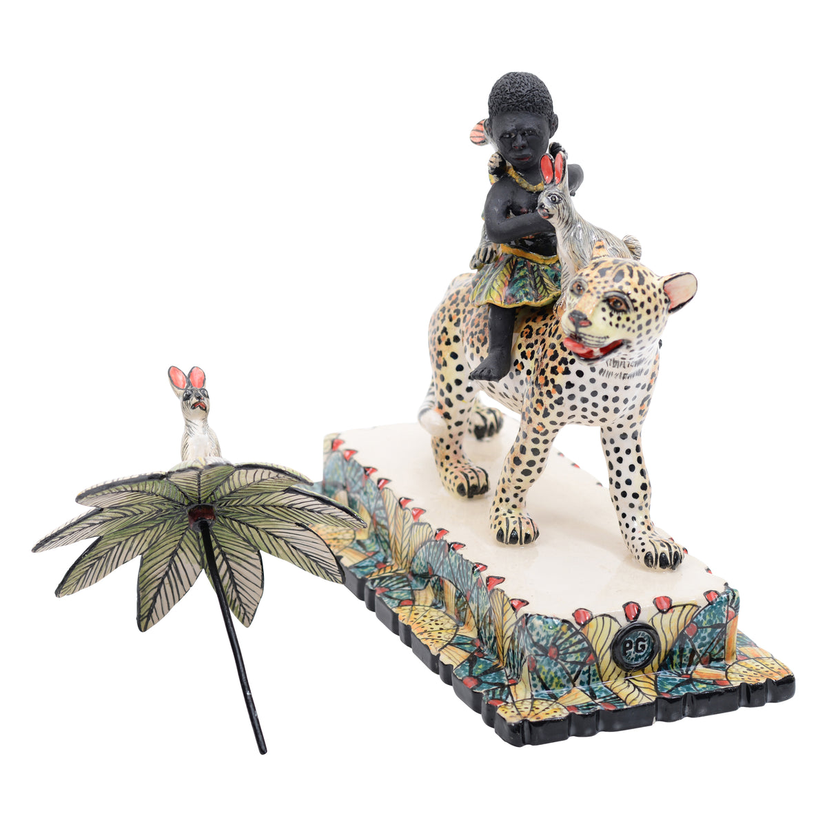 African woman & rabbits on leopard rider sculpture