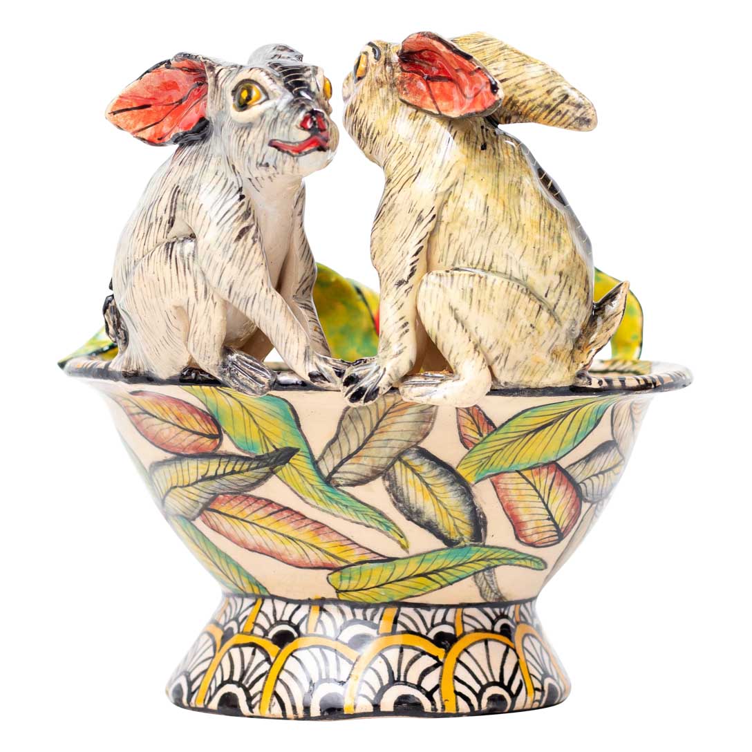 Rabbits & flower sculptured bowl