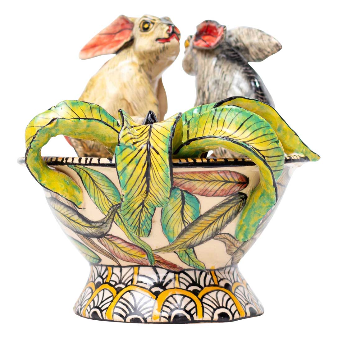 Rabbits & flower sculptured bowl