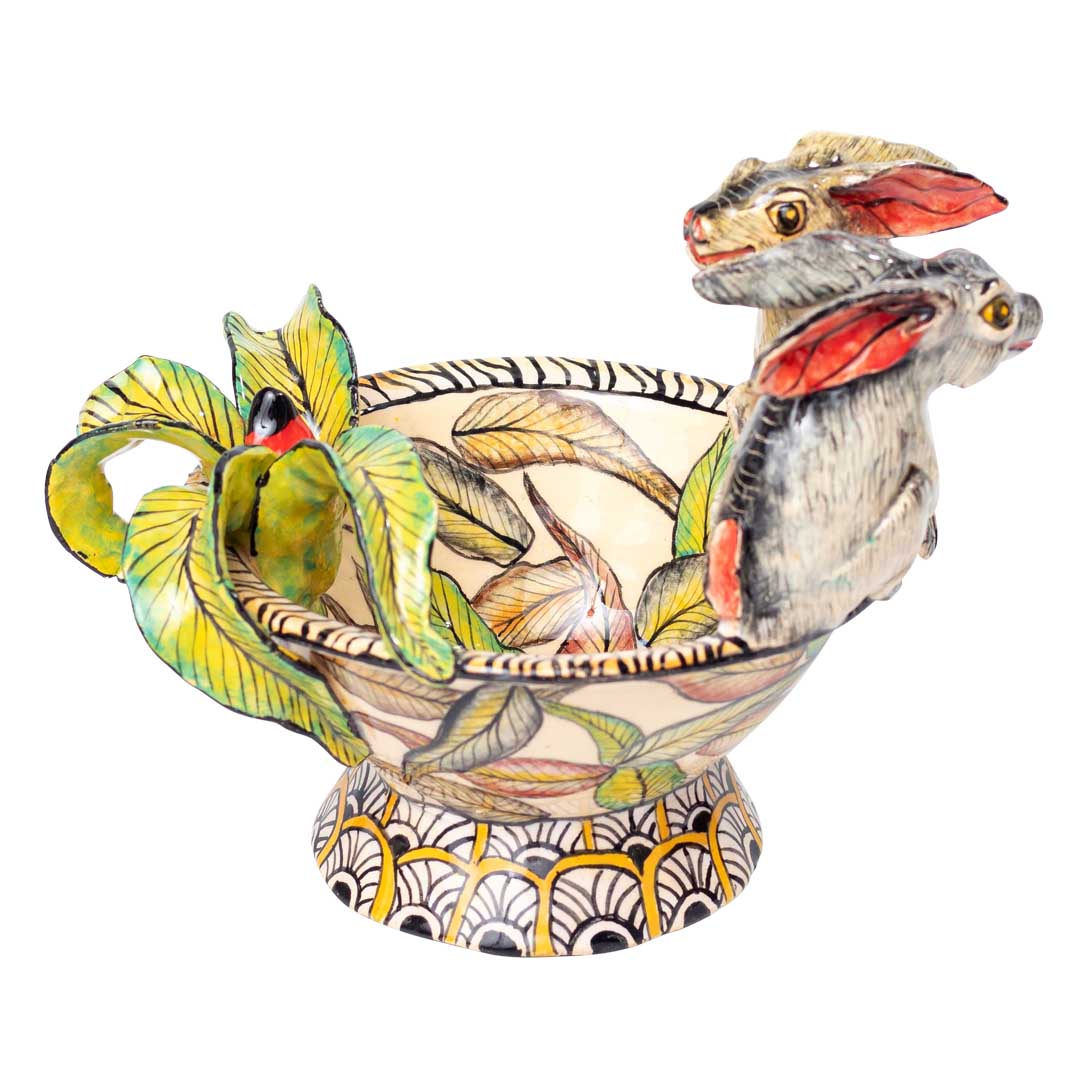 Rabbits & flower sculptured bowl