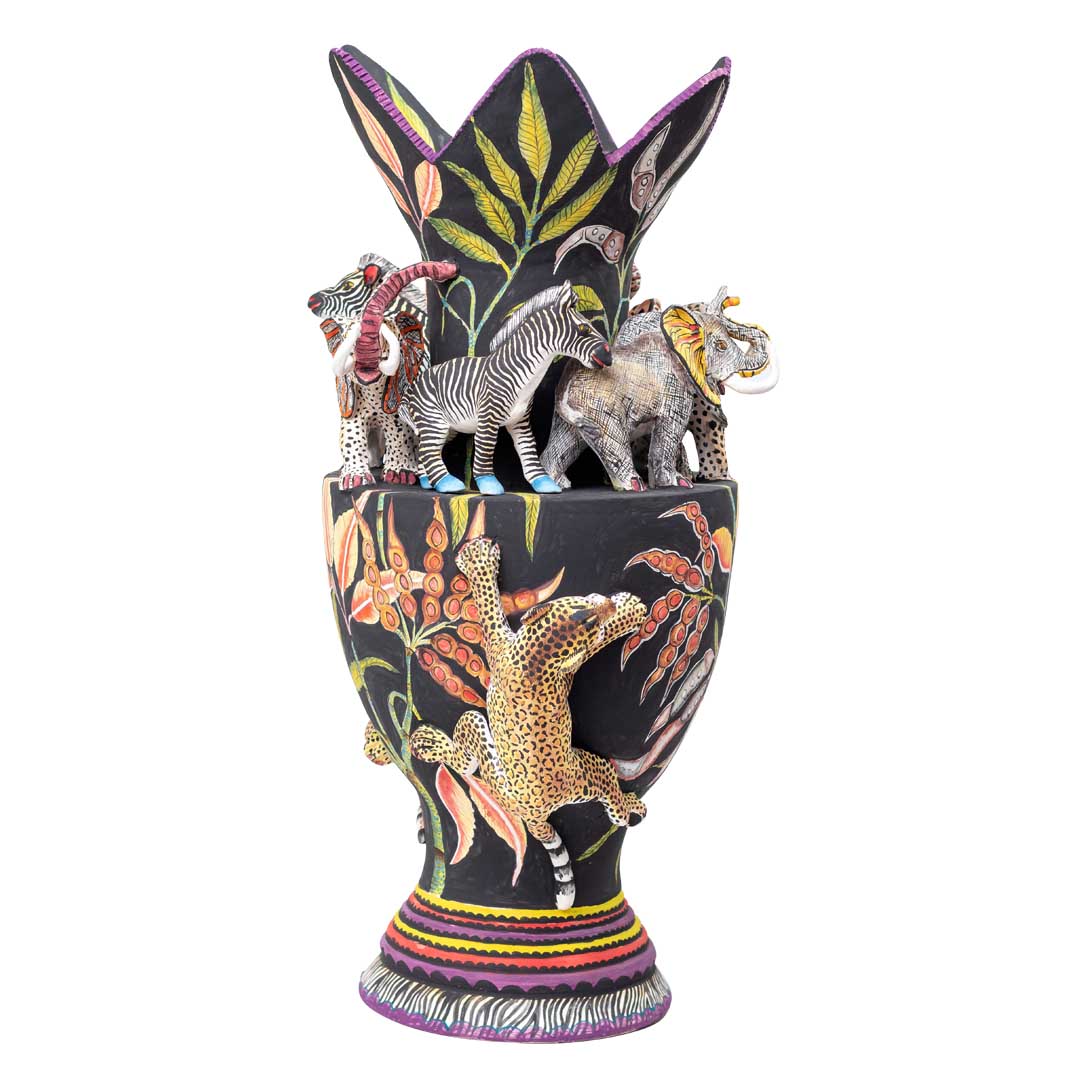 Zebra, elephant & leopard vase