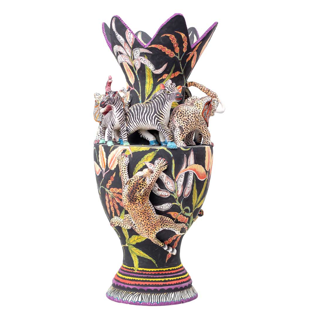 Zebra, elephant & leopard vase