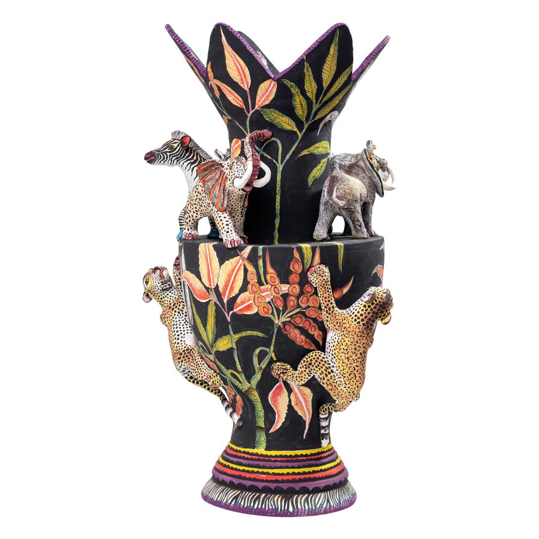 Zebra, elephant & leopard vase