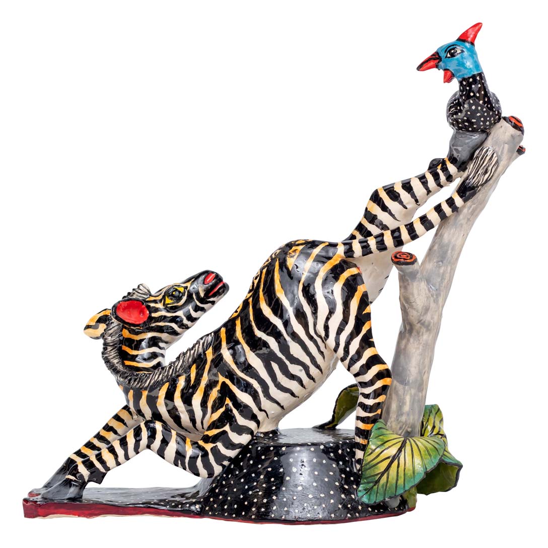 Zebra & guineafowl sculpture