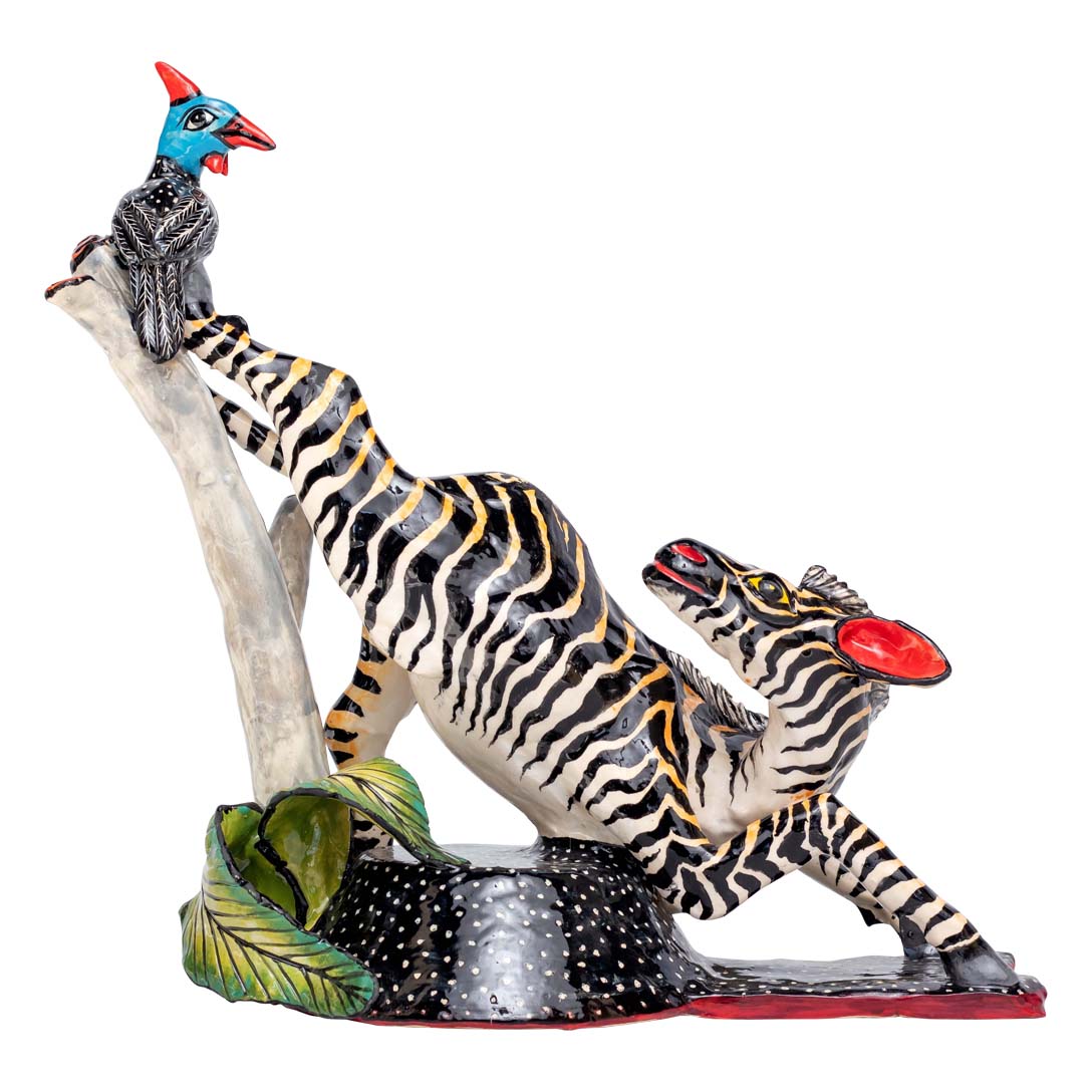 Zebra & guineafowl sculpture