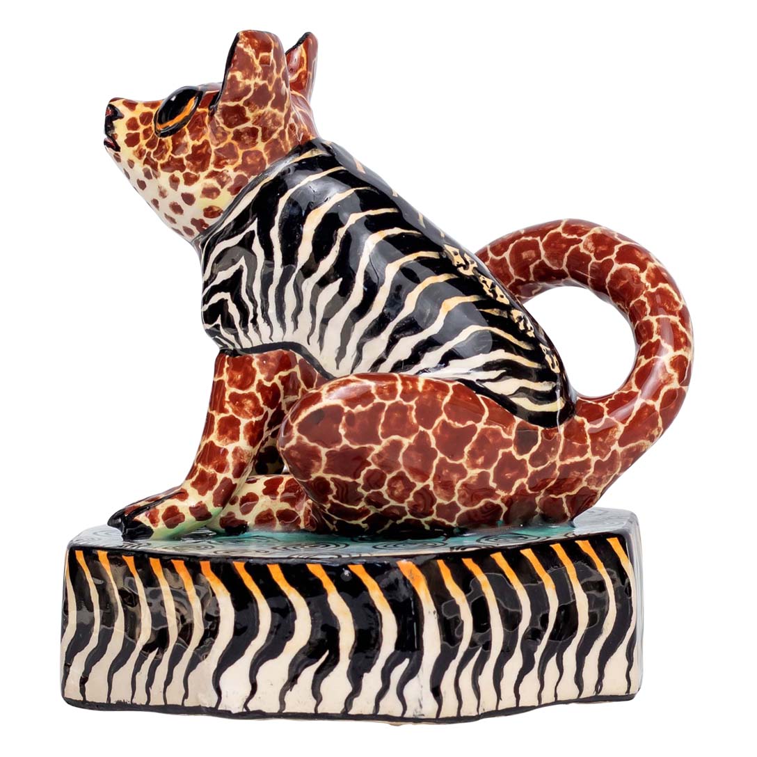 A zebra skin designed bush baby sculpture