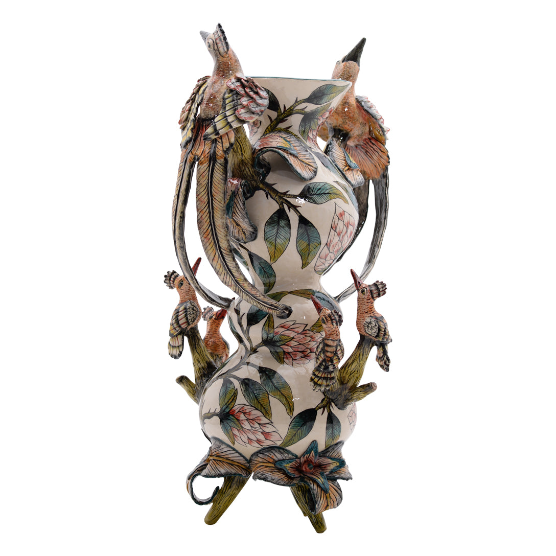 Hoopoes and proteas vase