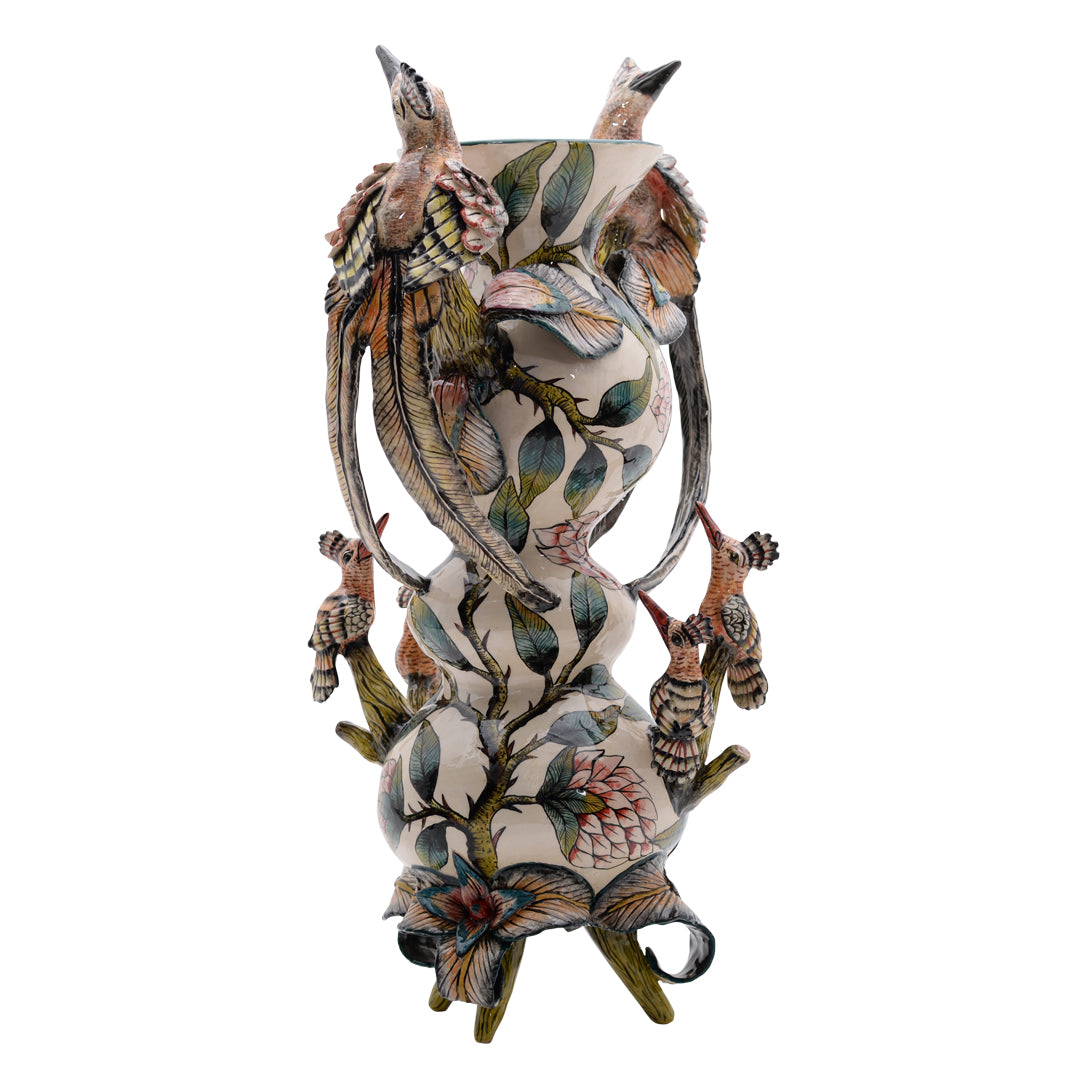 Hoopoes and proteas vase