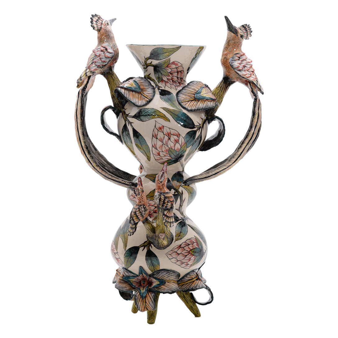 Hoopoes and proteas vase