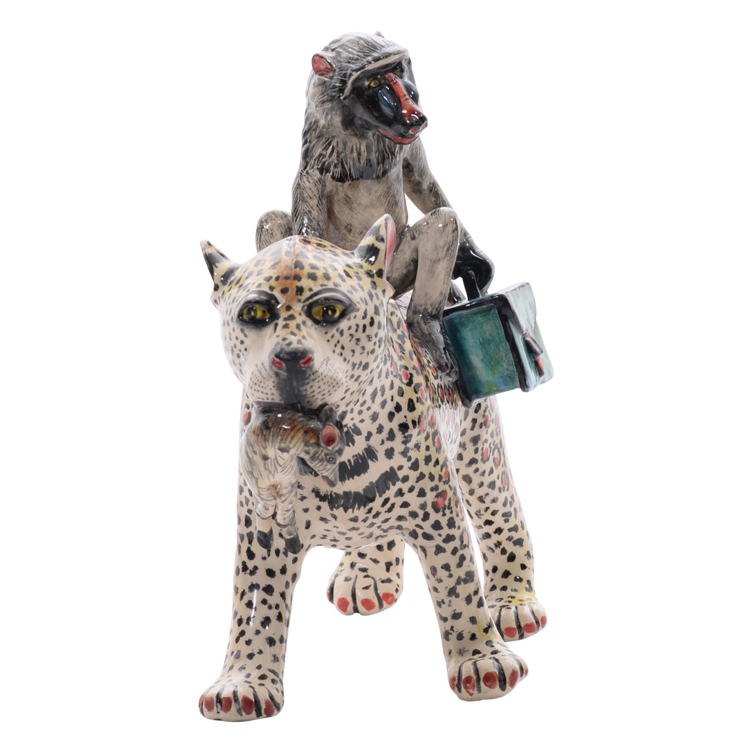 Leopard baboon rider sculpture