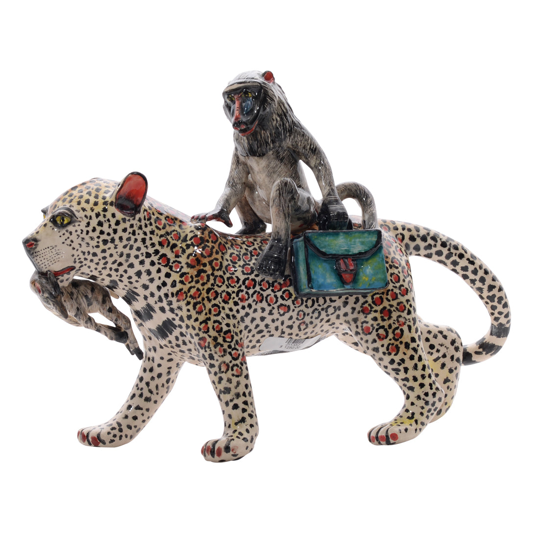 Leopard baboon rider sculpture
