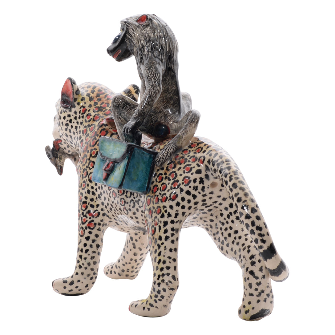 Leopard baboon rider sculpture