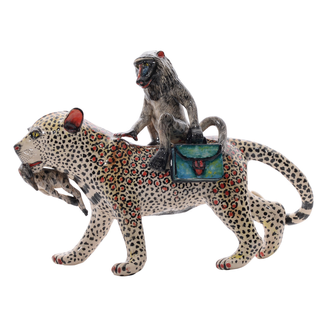 Leopard baboon rider sculpture