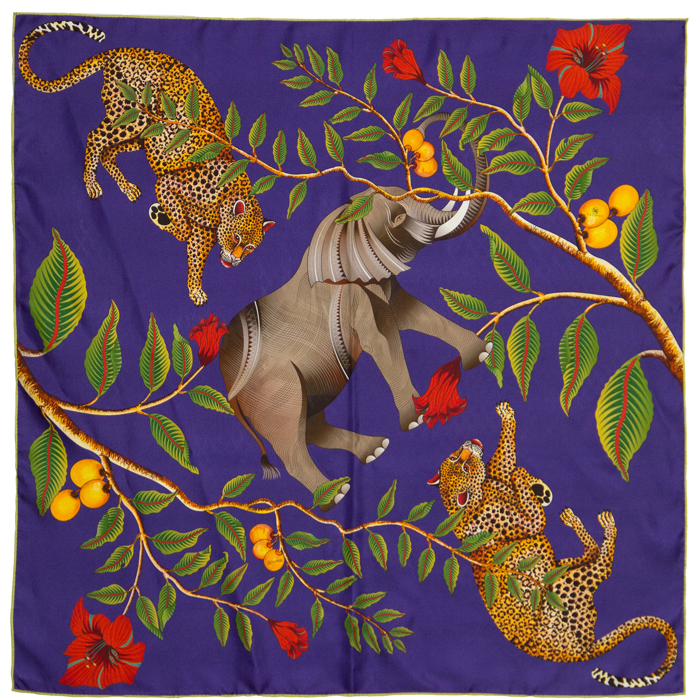 Blue and black silk scarf with Elefant Leopards and red flowers