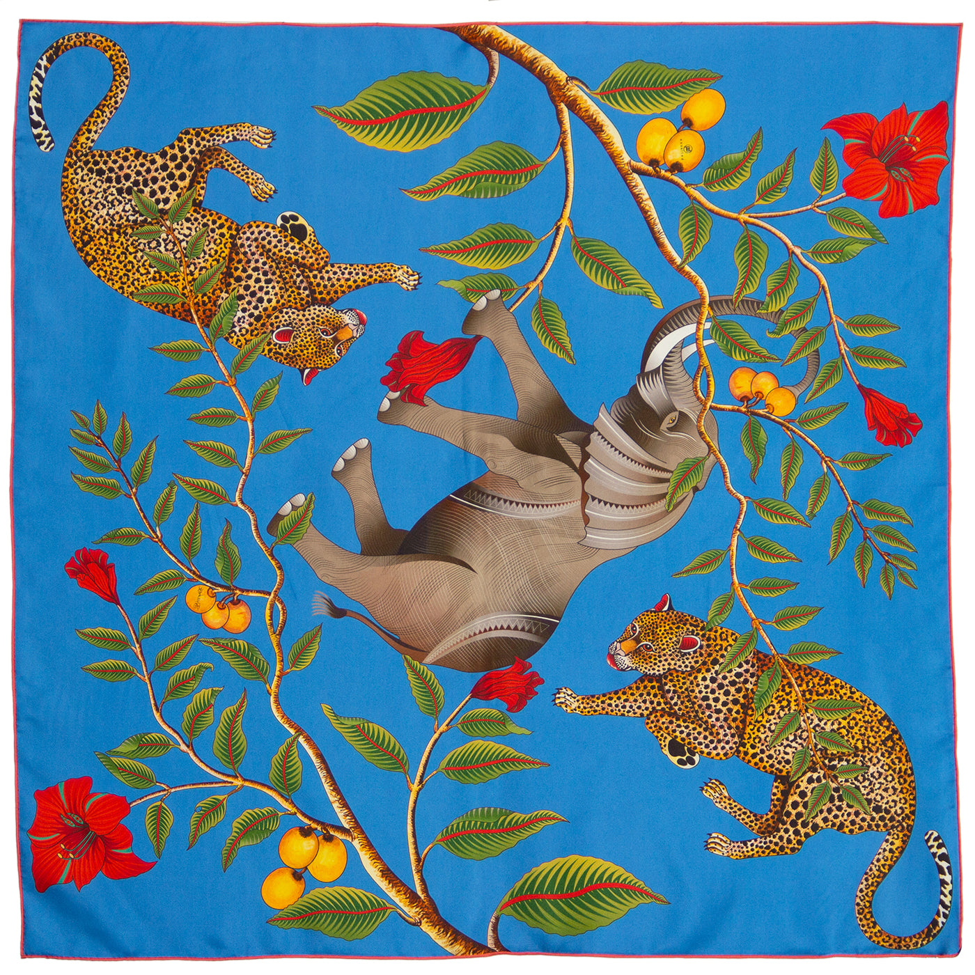 Turquoise & blue silk scarf with Elephant Leopard & red flowers