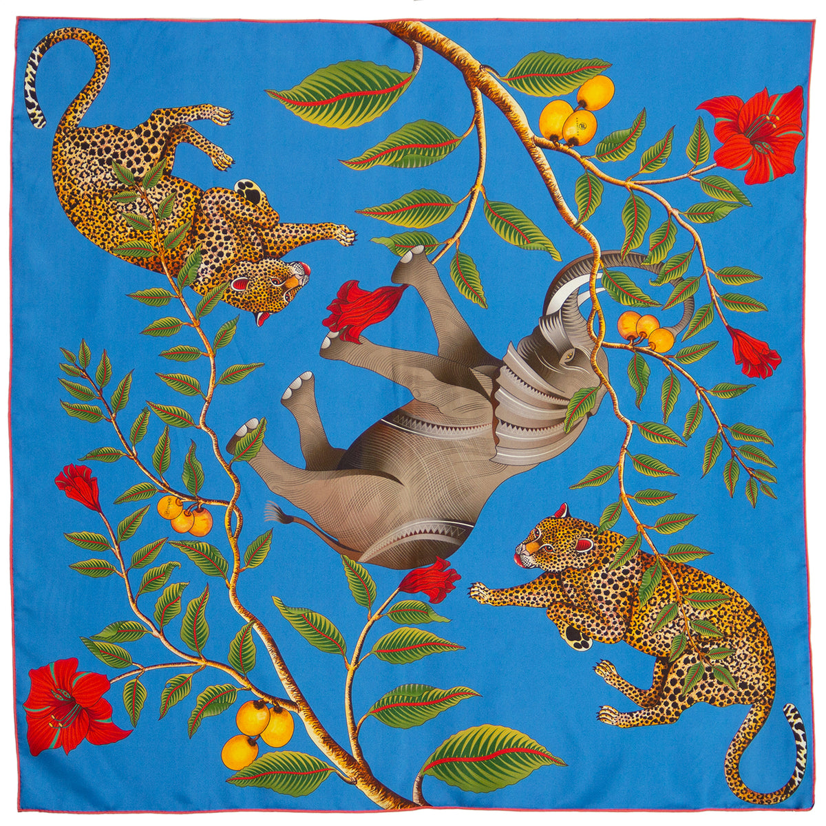 Turquoise and blue silk scarf with Elefant Leopard and red flowers