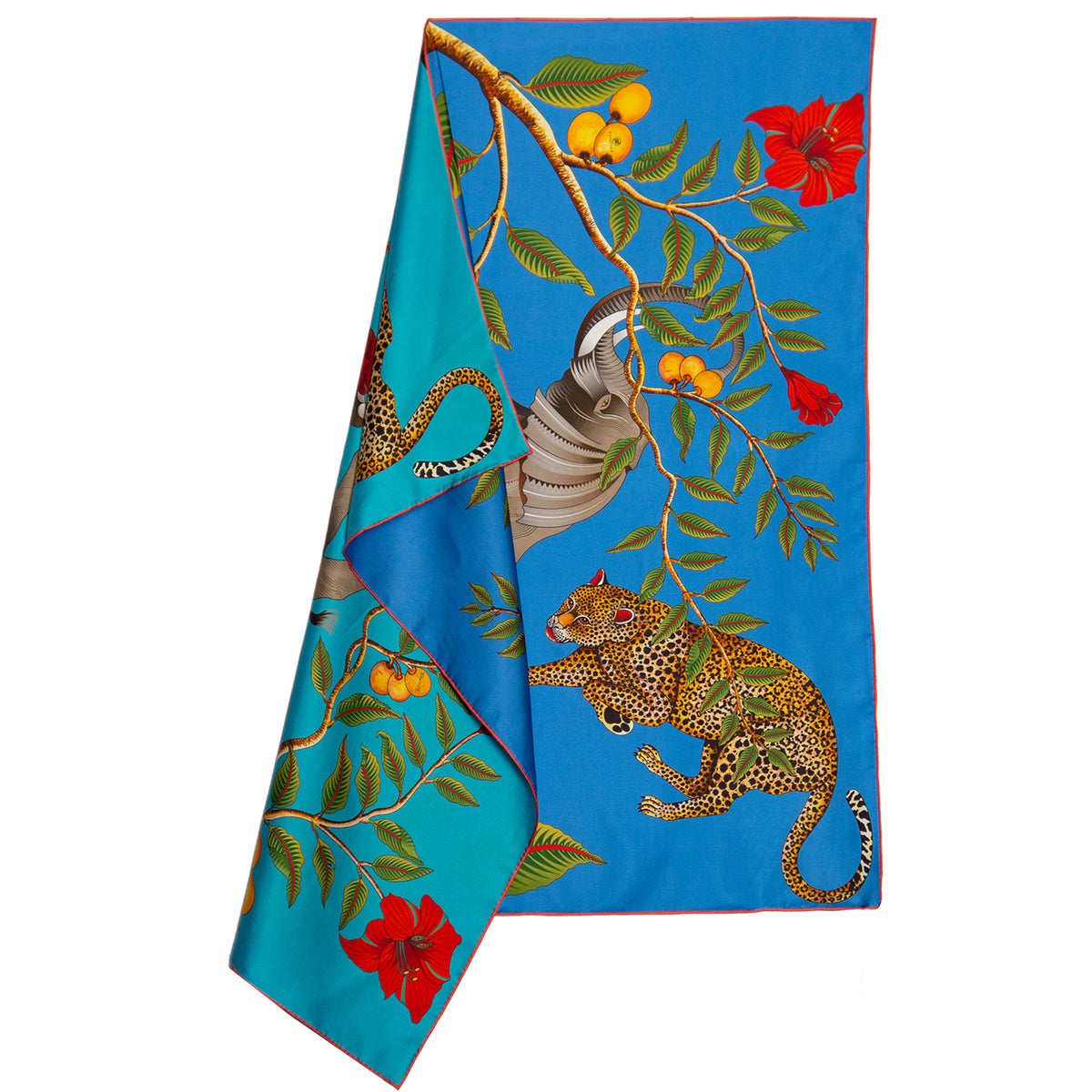 Turquoise and blue silk scarf with Elefant Leopard and red flowers