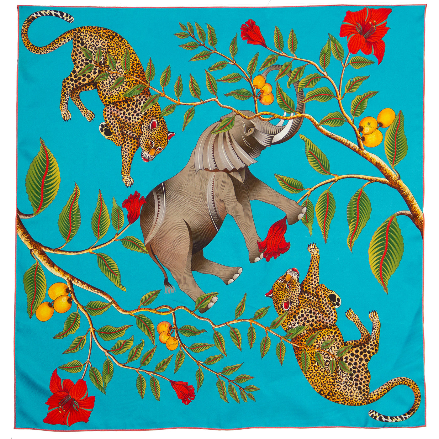 Turquoise and blue silk scarf with Elefant Leopard and red flowers