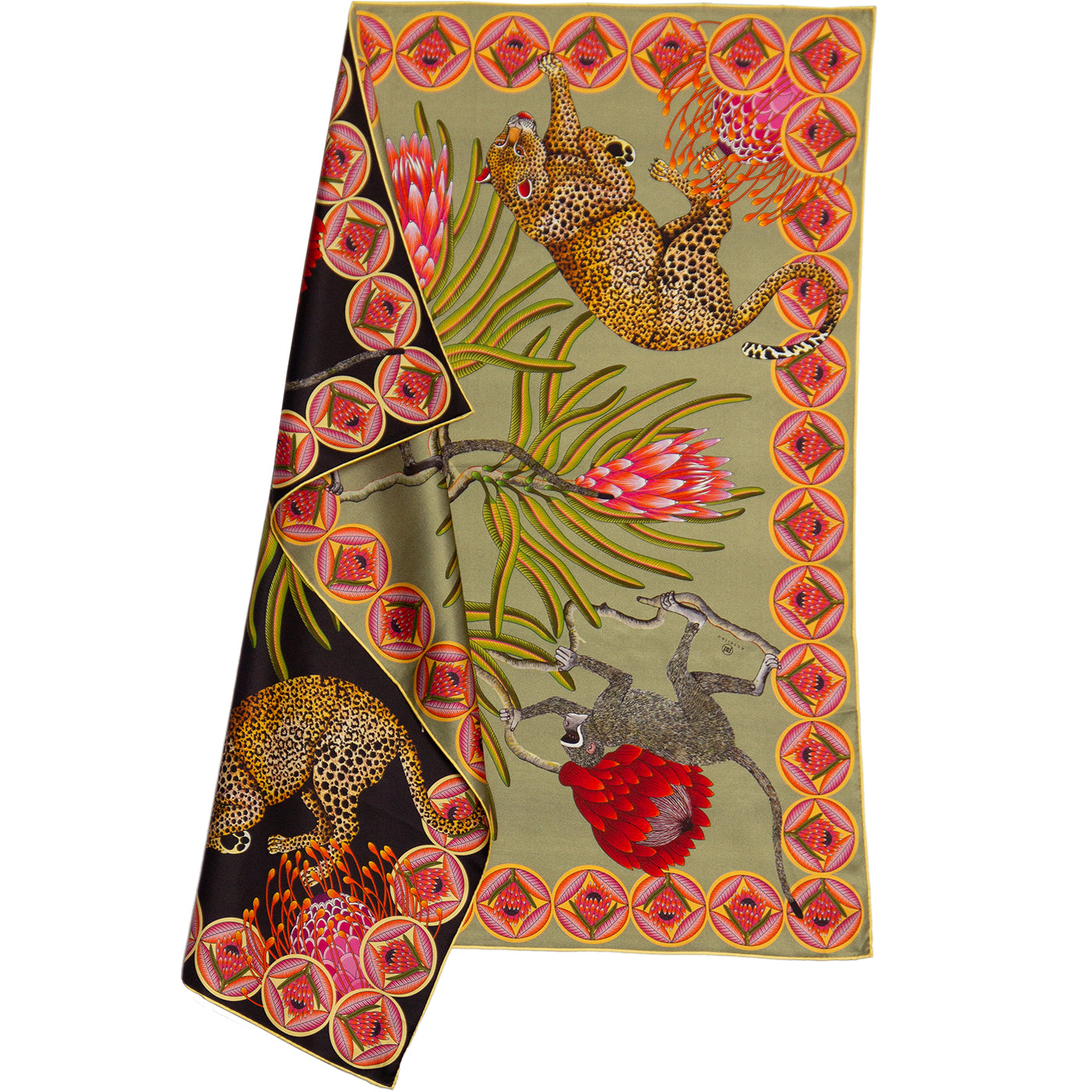 Black and olive silk scarf with Leopards Monkies and Protea flowers