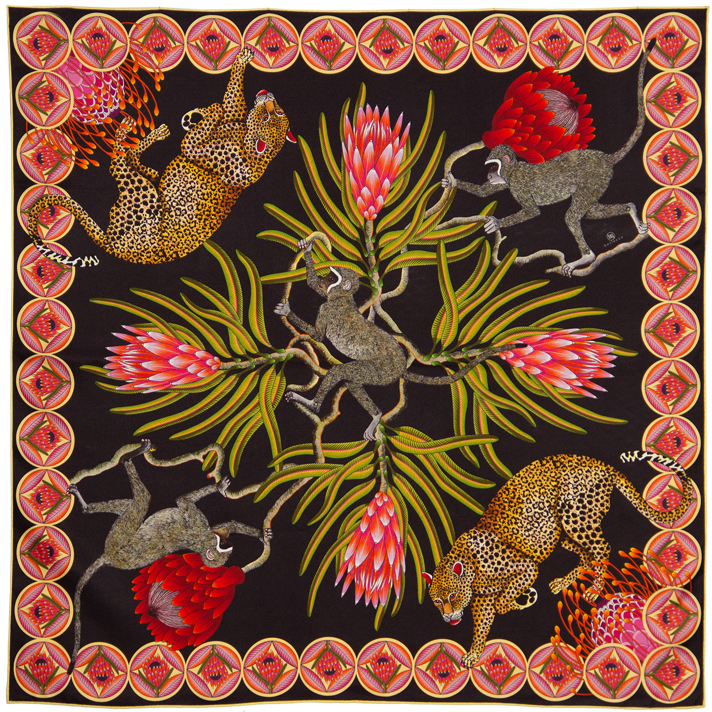 Black and olive silk scarf with Leopards & Monkeys & Protea flowers