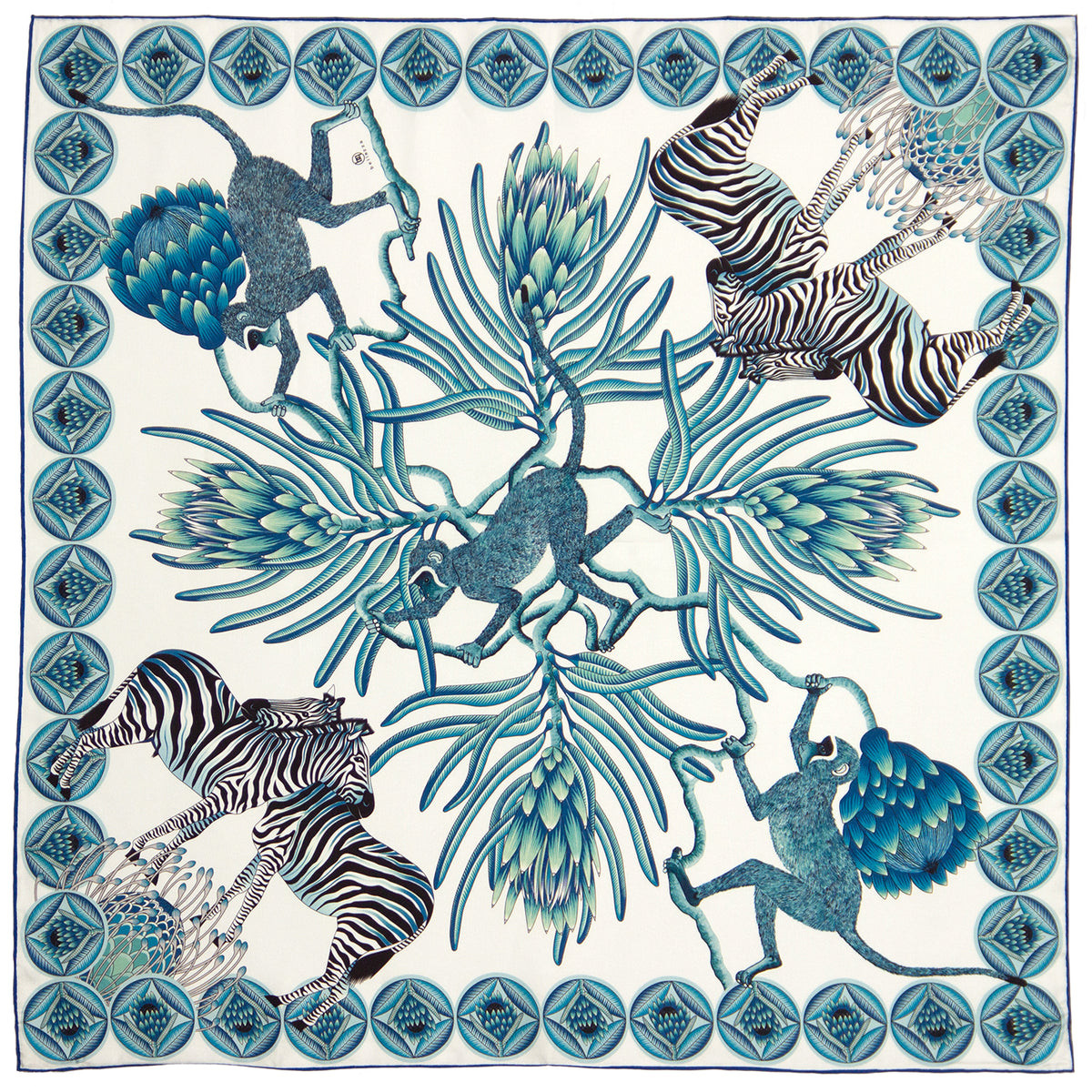 Blue and green silk scarf with Zebras Monkies and Protea flowers