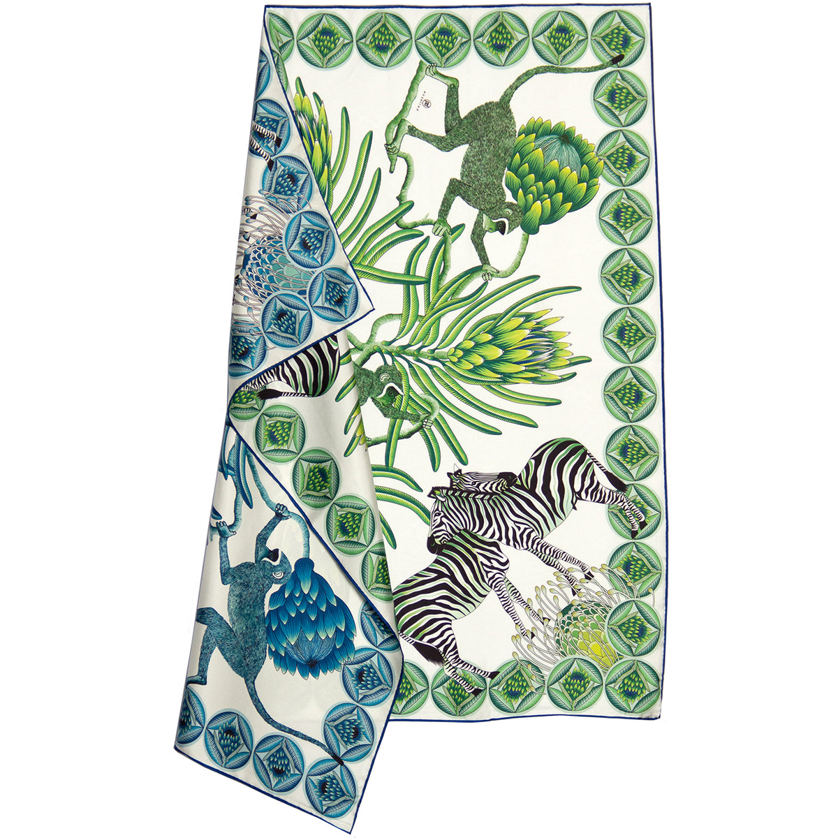 Blue and green silk scarf with Zebras Monkies and Protea flowers