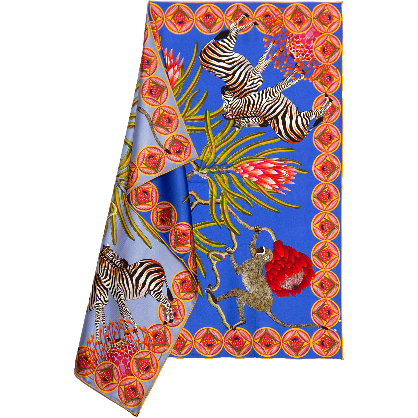 Blue and light blue silk scarf with Zebras Monkies and Protea flowers