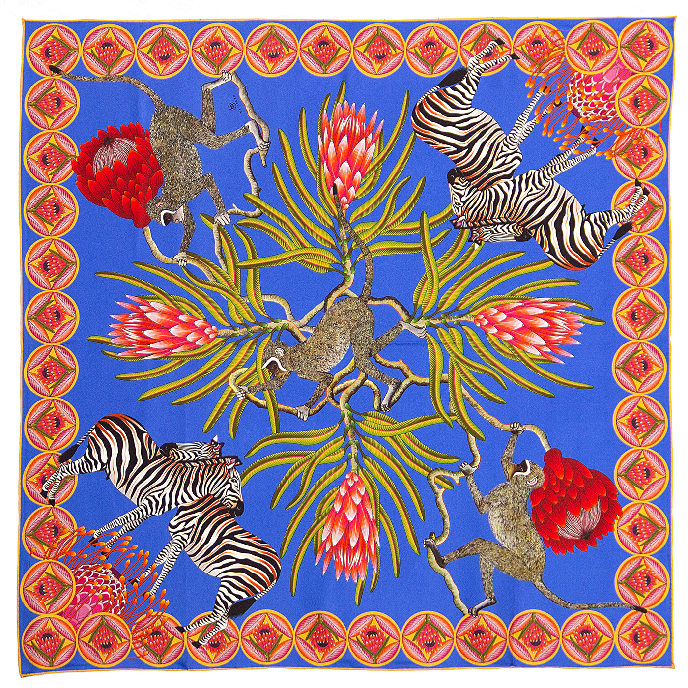 Blue and light blue silk scarf with Zebras Monkies and Protea flowers
