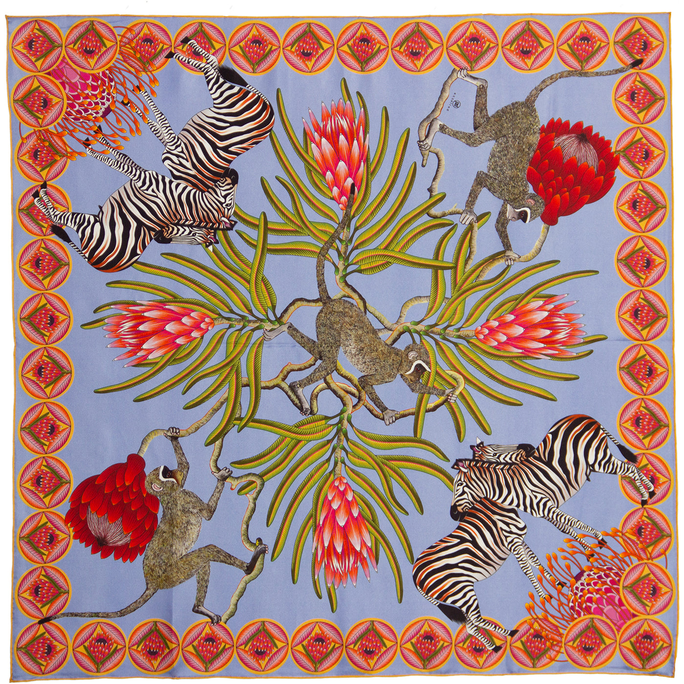Blue and light blue silk scarf with Zebras Monkies and Protea flowers