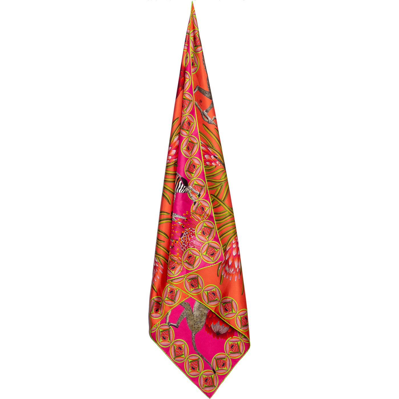 Pink and orange silk scarf with Zebras Monkies and Protea flowers