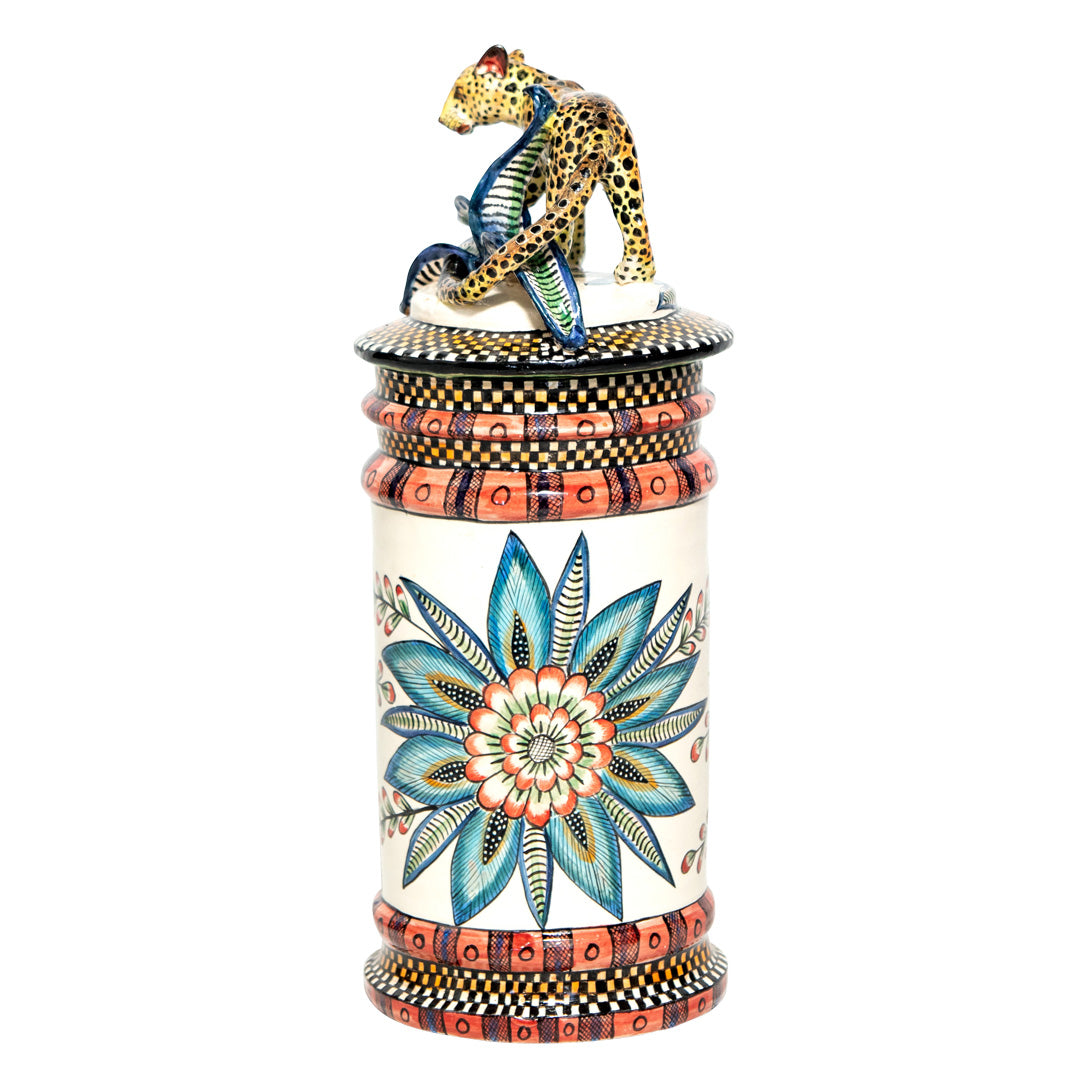 Leopard on blue flower biscuit cookie jar